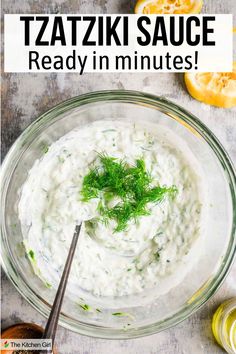 Tzatziki sauce with fresh dill garnish in a glass mixing bowl with a stirring utensil. Title: Tzatziki Sauce. Ready in Minutes! Greek Cucumber, Greek Sauce, Tzatziki Recipe, Tzatziki Recipes, Cucumber Yogurt, Homemade Tzatziki, Sandwich Spread, Tzatziki Sauce, Yogurt Sauce