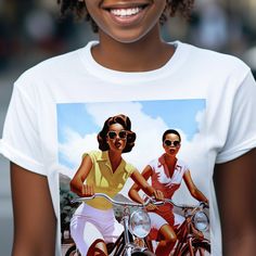 This adult unisex shirt features a vintage illustration of 2 black women out on bicycles. Inspired by black glamour and old school fun, the tee material is 100% cotton and soft enough for every excursion. Available in multiple sizes and several colors. It offers a retail fit with side seams that provide greater durability. Check the included measurement chart for just the right fit. A fitting gift for melanin beauties and their friends. Visit The Trini Gee for more shirts: https://www.etsy.com/s Gucci Shirt Women, Crewneck Outfit, Sunday Clothes, Black Glamour, Vintage Bicycle, High Fashion Outfits, Bicycle Girl, Girls Shirt, Curvy Model