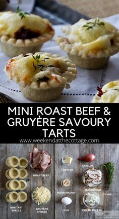 mini roast beef and gruyere savory tarts with text overlay