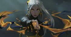 a woman with white hair and yellow eyes pointing her finger at the camera while surrounded by flames