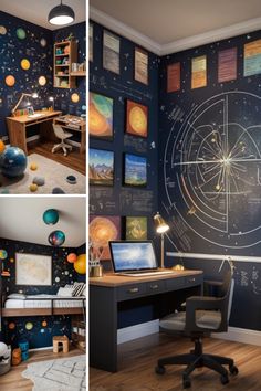 Create an educational science-themed bedroom for your child, featuring a planetarium projector and periodic table art! #ScienceBedroom #KidsRoom Science Bedroom Decor, Science Bedroom, Periodic Table Art, Planetarium Projector, Boys Bedroom Themes, Science Room, Science Decor, Baby Nurseries, Small Bookshelf