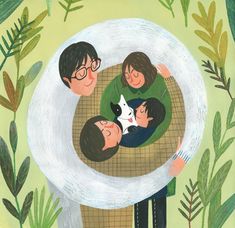 an illustration of three people and a dog in a circle