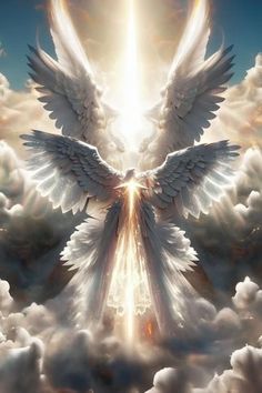 a white bird flying in the sky with clouds and sun shining through it's wings