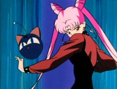 an anime character with pink hair holding a black cat