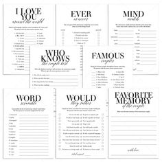 six printable wedding game cards with the words i love you, who knows me?