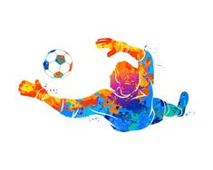 a man kicking a soccer ball with colorful paint splatters on it's body