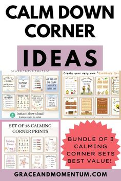 a poster with the words calming corner ideas on it and an image of a bunch of pictures