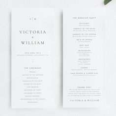 the wedding program is displayed on a white table