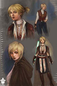 the concept art for star wars characters, including two women and one man with blonde hair