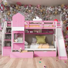 there is a pink bunk bed in the room with balloons on the wall behind it