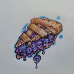 a drawing of a piece of pie with blueberries and skulls on the bottom half