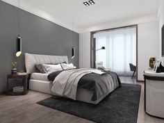 a modern bedroom with grey walls and white bedding is pictured in this rendering image