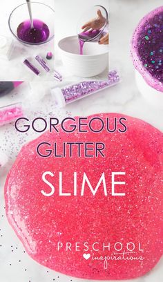 the cover of gorgoeous glitter slime is shown on a table with other items