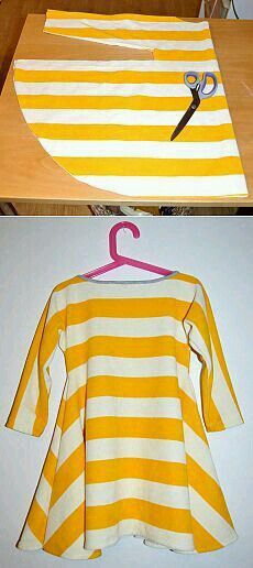 two pictures side by side, one with scissors and the other with yellow and white striped shirt