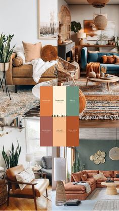 a collage of living room furniture and decor items with color swatches on them