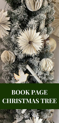 A Christmas tree decorated with DIY book page ornaments Magazine Trees Diy, Make Paper Ornaments, Music Themed Christmas Ornaments, Book Pages Tree, Diy Book Page Christmas Trees, Book Themed Christmas Tree Ideas, Book Page Stars Diy, Old Book Crafts Christmas, Bookish Christmas Ornaments Diy