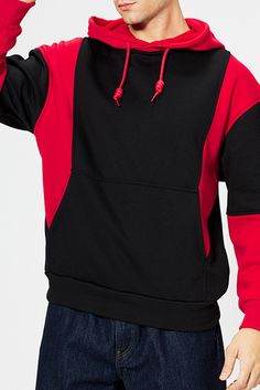 Red Men Colorblock Pullover Long Sleeve Hoodie Red Patchwork Hooded Hoodie, Red Long Sleeve Hoodie With Patchwork, Red Patchwork Long Sleeve Hoodie, Sporty Red Color Block Sweatshirt, Red Patchwork Sweatshirt For Streetwear, Sporty Red Color Block Hoodie, Casual Red Hoodie With Patchwork, Winter Color Matching Hoodie For Streetwear, Black Hooded Color Block Sweatshirt