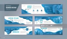 four banners with blue waves and cityscape in the background, for business presentations