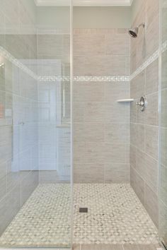 a walk in shower sitting inside of a bathroom