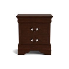 a brown nightstand with two drawers on one side and an open drawer on the other