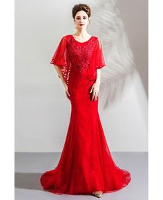 Buy Elegant Long Red Tight Mermaid Formal Dress With Cape Sleeves at wholesale price online. Free shipping and pro custom service since 2009. Red Mermaid Dress For Formal Occasions, Fitted Red Mermaid Dress For Weddings, Red Mermaid Dress With Sweep Train, Red Mermaid Dress With Sweep Train For Banquet, Red Mermaid Dress With Mermaid Hem For Banquet, Stretch Mermaid Dress With Sweep Train, Red Fitted Mermaid Dress For Banquet, Fitted Red Mermaid Dress For Banquet, Fitted Mermaid Dress With Sweep Train For Red Carpet