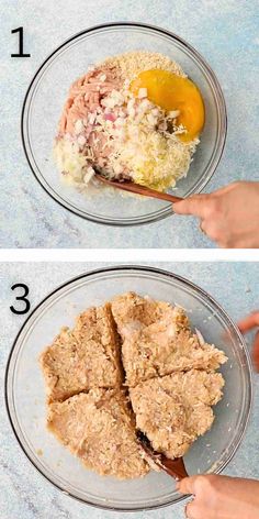 two pictures showing how to make the best tuna patties with rice and eggs in a bowl