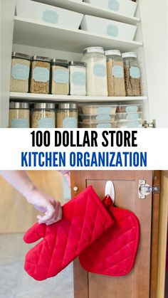 the kitchen organization system is organized with red oven mitts