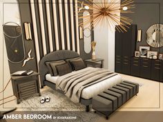 a bed room with a neatly made bed and dressers