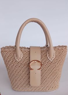 The choice of stylish and elegant women!Quality leather material is used on the handle, base and cover. dimensions: width 29cm height 19cm base depth  10cm Luxury Crochet Bag With Leather Handles In Natural Color, Luxury Crochet Bag With Double Handle, Luxury Crochet Double Handle Bag, Luxury Beige Leather Crochet Bag, Crochet Bag Summer, Luxury Crochet Bag With Leather Handles, Top Handle, Purse Crochet, Crochet Weaves, Yarn Bag