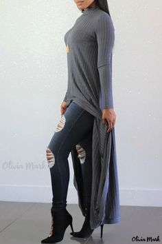 Olivia Mark - Stylish Womens Black Long Sleeve O-Neck A-Line Asymmetrical Ankle-Length Dress for Casual Occasions V-neck Maxi Dress With Side Slits For Fall, Solid Color Maxi Dress With Asymmetrical Hem For Fall, Asymmetrical Hem Solid Maxi Dress For Fall, Solid Maxi Dress With Asymmetrical Hem For Fall, Spring Maxi Dress With Side Slits And Asymmetrical Hem, Spring Maxi Dress With Asymmetrical Hem And Side Slits, Grey Long Sweater, Asymmetrical Hem Top, Ankle Length Dress