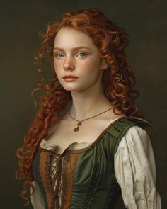 a painting of a woman with red hair wearing a green and white dress, looking to the side