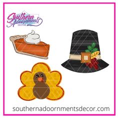 three different types of hats and food on a white background with the words southern appliquements