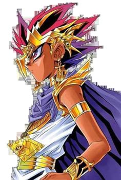 an anime character with purple hair and gold armor