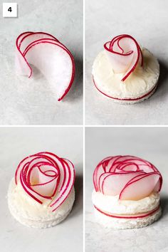 four pictures showing how to make a cupcake with white frosting and red swirls