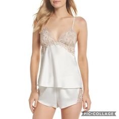 New In Online Retail Packaging! Silky Soft Satin Eases The Flowy Silhouette Of These Romantic Jammies, Pairing A Lace-Trimmed Camisole With Coordinating Tap Shorts. Features: 13" Center Front Top Length; 1 1/4" Inseam; 24" Leg Opening; 10 1/2" Front Rise; 14" Back Rise (Size Medium Used For Measurement) Top Has V-Neck; Adjustable Straps Bottoms Have Elastic Waist Unlined 100% Polyester Ivory Large Delicate White Sleepwear For Loungewear, White Feminine Camisole For Wedding Night, First Wedding Night, Woman Boxer, Night Gown Lingerie, Wedding Night Lingerie, Tap Shorts, Bridal Bra, Embroidered Robes