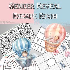 an image of a baby in a hot air balloon with the words, gender reveal escape room