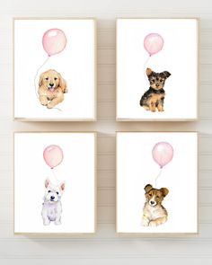 four pictures of dogs with balloons on them