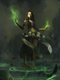 a digital painting of a woman with green lights on her head and hands in the air