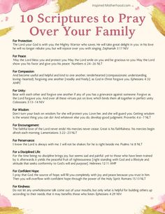 a pink and yellow poster with the words 10 scriptures to pray over your family on it