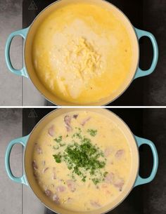 two pictures showing the same pot of soup before and after it has been cooked