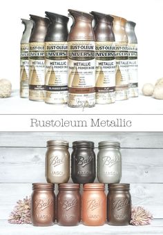 some jars are sitting next to each other on a shelf and the bottom one is filled with metallic paint