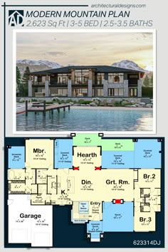 the floor plan for this modern mountain home is shown in blue and white, with an attached