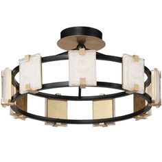 a modern chandelier with square and rectangles in black, gold and white