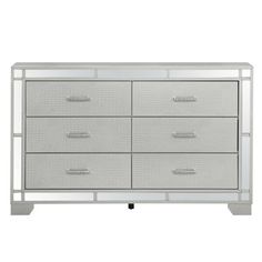 a white dresser with drawers and chrome handles on it's sides, against a white background