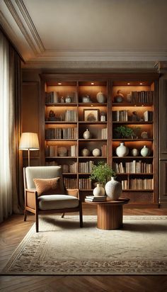 A cozy and elegant home library featuring rich brown wooden shelves filled with books, decorative items like ceramic vases, and small green plants. #BrownWoodLibrary #ClassicDesign #HomeLibraryInspiration #WarmInteriors #ReadingRoomIdeas #ElegantSpaces #CozyCorners #DecorAndStyle Wooden Home Library, Brown Bookshelf Aesthetic, English Country Library, Library Room Ideas, Brown Library, Home Library Aesthetic, Library Room Design, Brown Bookshelves, Library Rooms