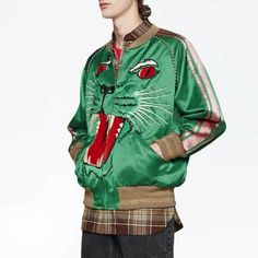 Ships Within 9-12 Days Brand New Authentic Gucci Bomber Jacket Made In Italy Material: 70% Cotton - 30% Viscose Color Appearance May Vary Depending On Your Monitor Settings. Panther Cat, Face Embroidery, Gucci Jacket, Gucci Outfits, Zipper Jacket, Mens Green, Cat Face, Gucci Men, Track Jackets