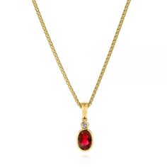 105978 14k Yellow Gold Pendant   Ruby - .62 ctw   Diamond - .03 ctw   Clarity: SI, Color: H-I. This classic pendant features an oval ruby bezel-set in yellow gold with a small round diamond connecting it to the bail. Oval Yellow Gold Birthstone Necklace, Oval Yellow Gold Birthstone Necklace For Anniversary, Metal Shop, Yellow Gold Pendants, Shop Engagement Rings, Unique Engagement Rings, Hand Engraving, Diamond Pendant, Round Diamond