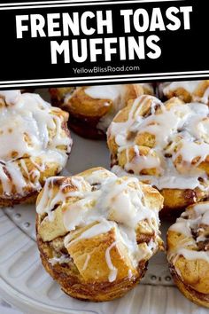 french toast muffins with icing on a white plate and black text overlay