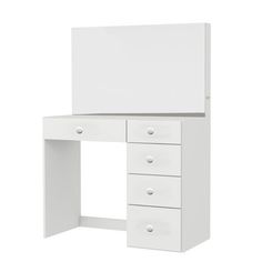 a white desk with drawers and a mirror on the wall above it, against a white background