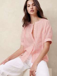 Pleated Voile Blouse | Banana Republic Factory Summer Relaxed Fit Top With Pintucks, Spring Feminine Blouse With Pintucks, Feminine Spring Blouse With Pintucks, Feminine Pintuck Top For Summer, Feminine Summer Top With Pintucks, Feminine Pintucks Top For Summer, Feminine Summer Tops With Pintucks, Summer Daywear Tops With Pintucks, Casual Pintuck Blouse For Summer